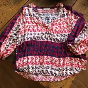 Red, blue and cream print blouse